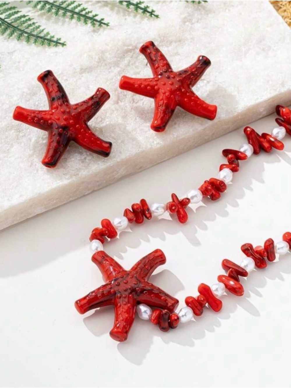 Free People Red Shimmer Starfish Necklace and Stud Earrings Set New